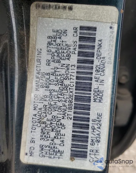 1996 Toyota Corolla Dx from USA, damaged, VIN 2T1BB02EXTC177113